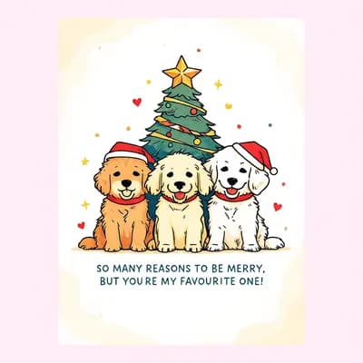 Christmas greeting card featuring three cute puppies in Santa hats sitting under a tree.