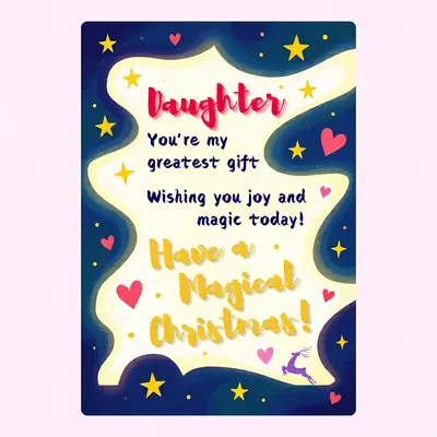 Blue Christmas greeting card for daughter with stars, hearts, and a reindeer.