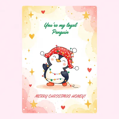 Cute penguin wearing a red hat and lights on a watercolor Christmas greeting card.