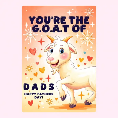 A cartoon goat greeting card with orange background and text reading 'You're the G.O.A.T of Dads'.