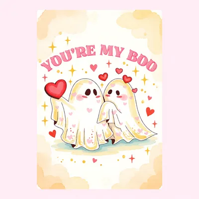 Cute cartoon ghosts holding a red heart with the text 'You're My Boo' on a greeting card.