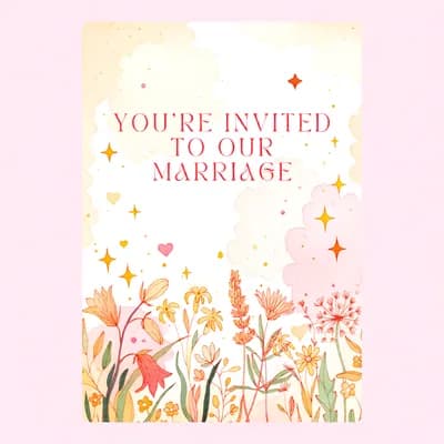 Pastel floral wedding invitation card with text 'You're invited to our marriage' and sparkles.