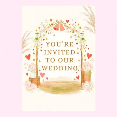 Watercolor wedding invitation card featuring a floral arch with pampas grass and text 'You're Invited To Our Wedding'.