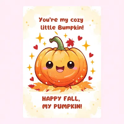 Cute orange pumpkin with sparkles and text 'You're my cozy little Bumpkin' greeting card
