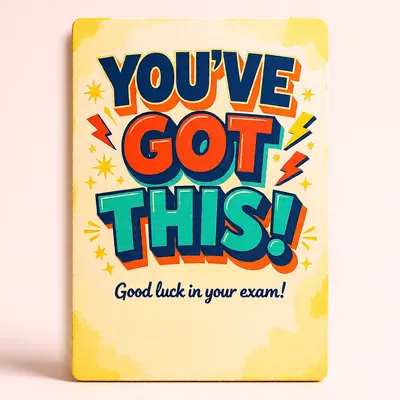 Yellow greeting card with bold retro text reading 'You've Got This!' and 'Good luck in your exam!'