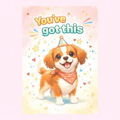 Cute puppy wearing a party hat and bandana on a pastel greeting card with 'You've got this' text.