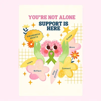 A cute watercolor greeting card with a pink character, green ribbon, and text reading You're Not Alone Support Is Here.